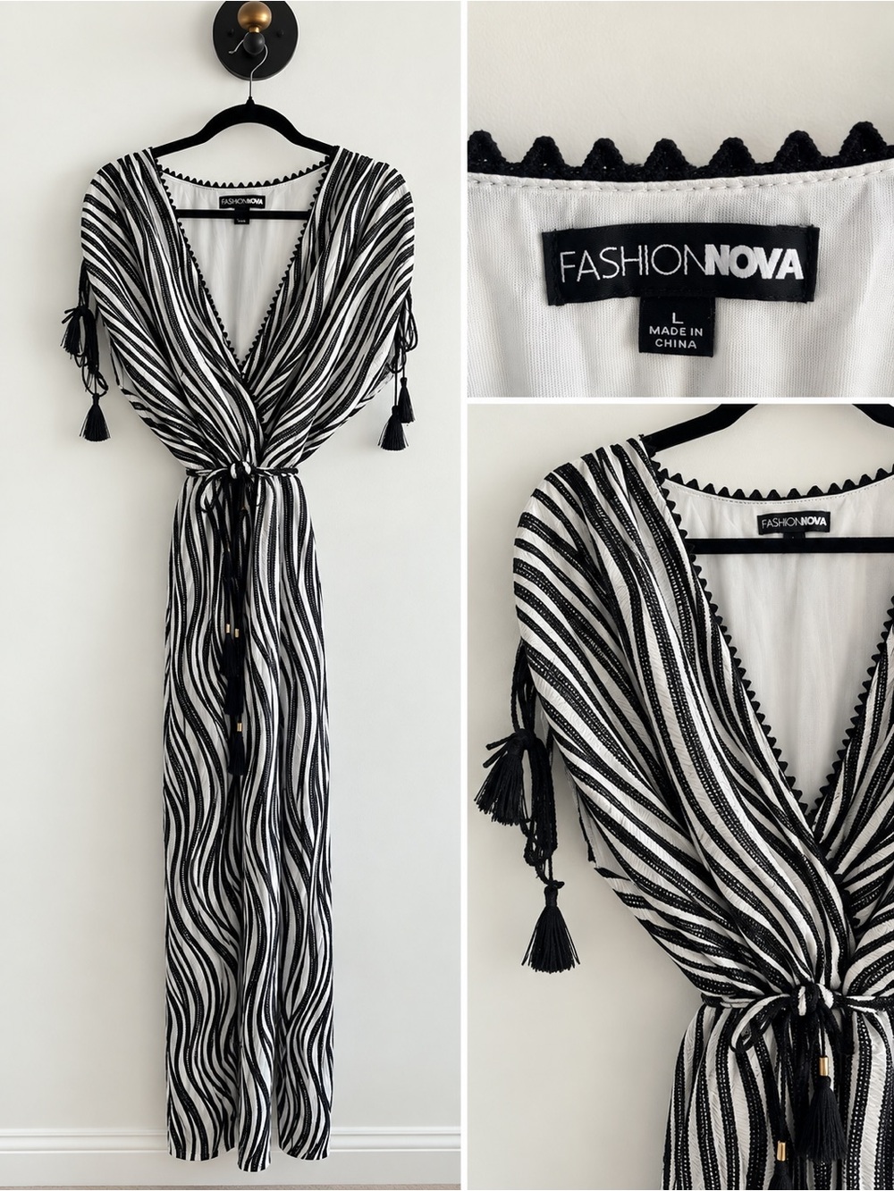 Fashion Nova Black & White Striped Wrap Maxi Dress with Tassel Tie